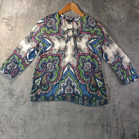 Talbots Womens 4P Multicolor Abstract Silk Long Sleeve Blouse Vibrant Funky - Picture 6 of 8